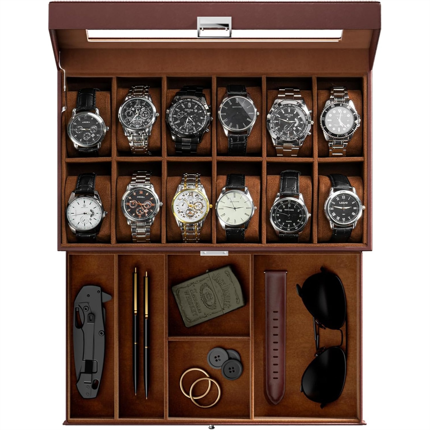 Jewelry Watches Men - 12 Slot Watch Box with Drawer,