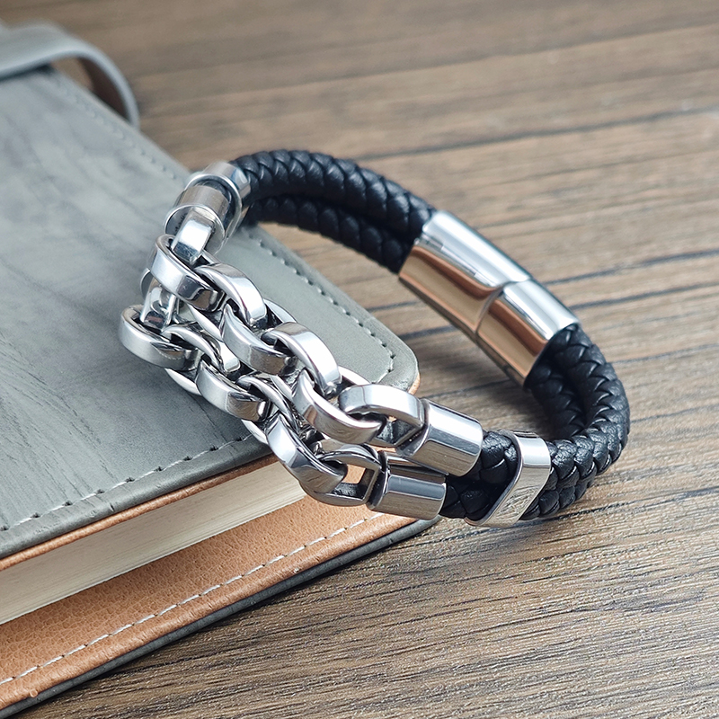 Charm Bracelet Beads - Multi layer men's leather bracelet stainless