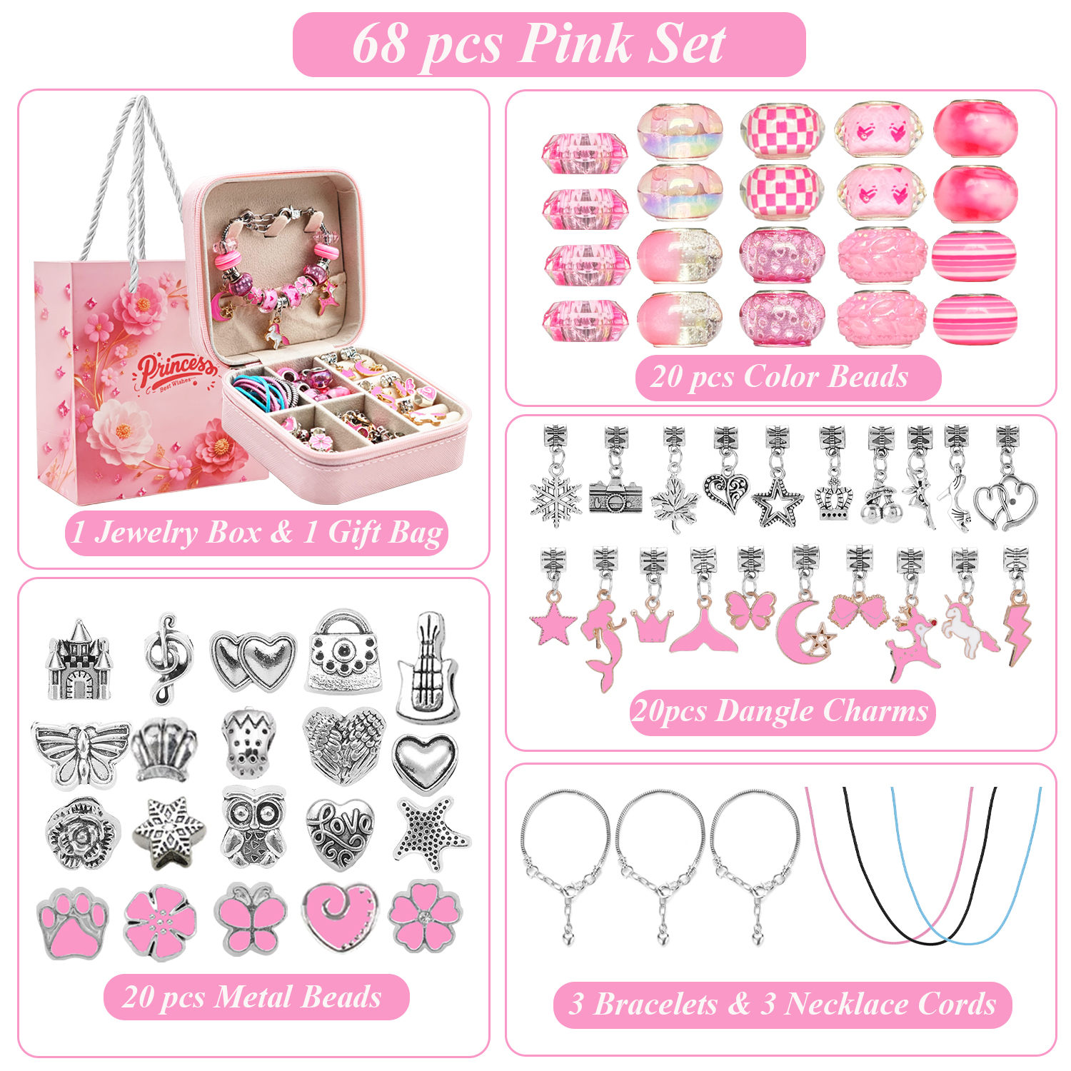 68pcs pink beaded jewelry set, - Charm Bracelet Beads のレビューと価格