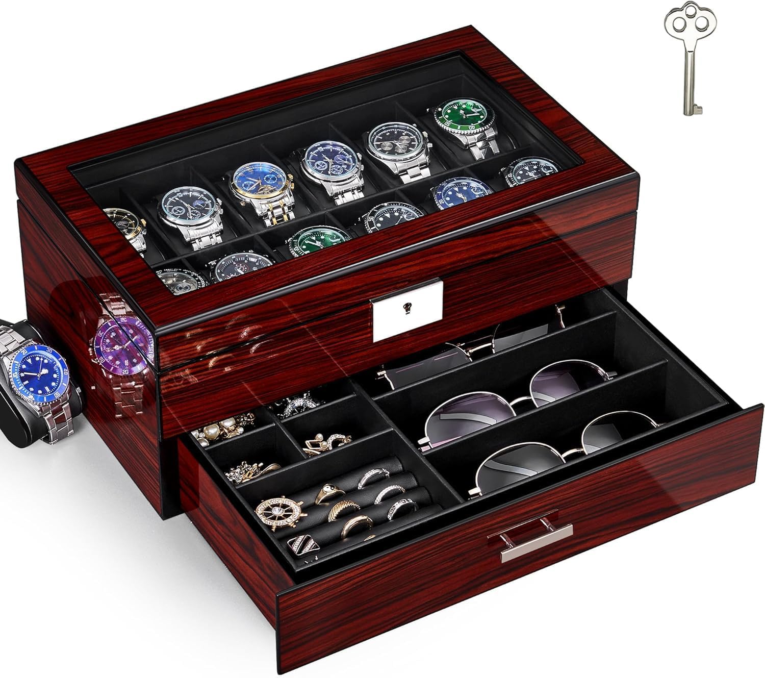 12-Slot Watch Box with Glass L - Jewelry Watches Men のレビューと価格