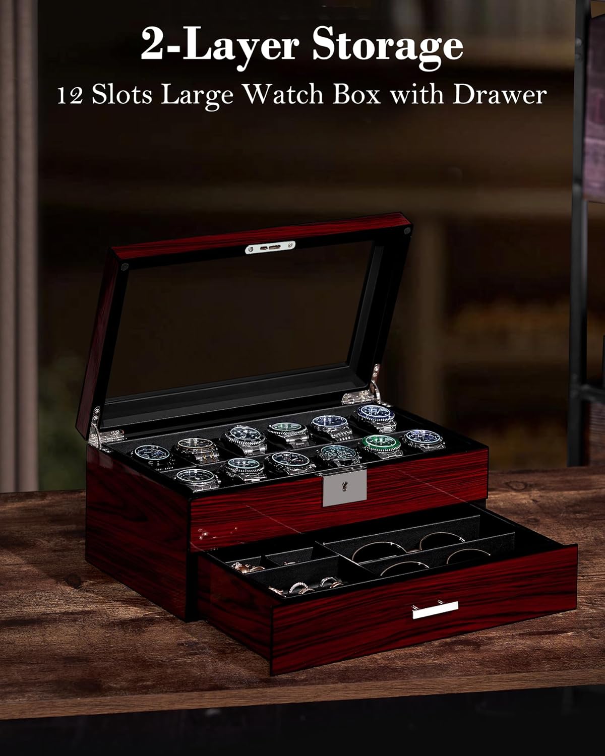 12-Slot Watch Box with Glass L - Jewelry Watches Men のレビューと価格
