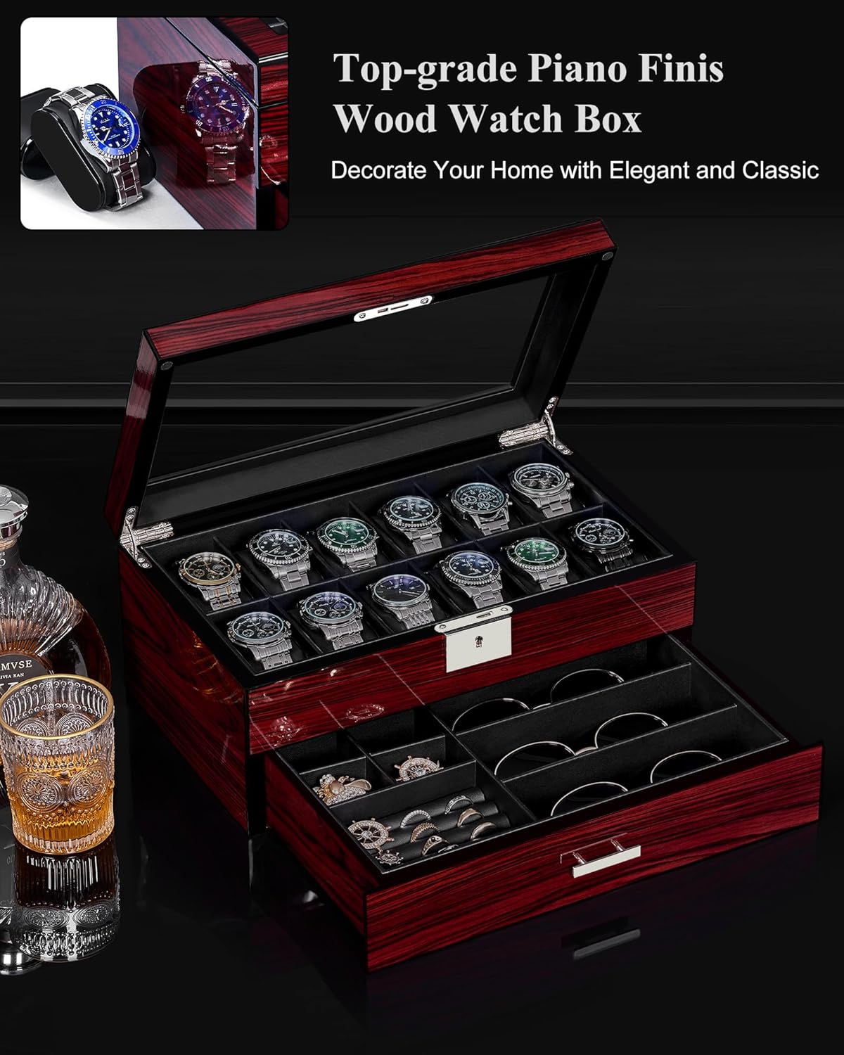 12-Slot Watch Box with Glass L - Jewelry Watches Men のレビューと価格